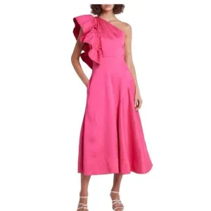 Aje Sculpta Bonjour Asymmetric Linen Blend Midi Dress Size 2 (Au 6)