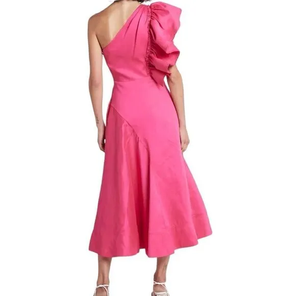 Aje Sculpta Bonjour Asymmetric Linen Blend Midi Dress Size 2 (Au 6)