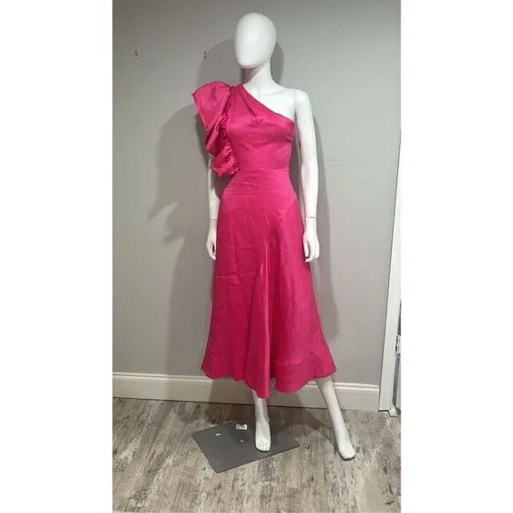 Aje Sculpta Bonjour Asymmetric Linen Blend Midi Dress Size 2 (Au 6)
