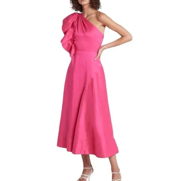 Aje Sculpta Bonjour Asymmetric Linen Blend Midi Dress Size 2 (Au 6)
