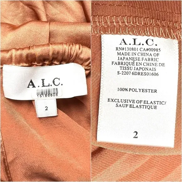 ALC Copper Satin Pleated Sleeveless Halter Smocked Waist Asymmetrical Hem Gown 2