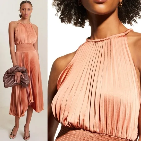 ALC Copper Satin Pleated Sleeveless Halter Smocked Waist Asymmetrical Hem Gown 2