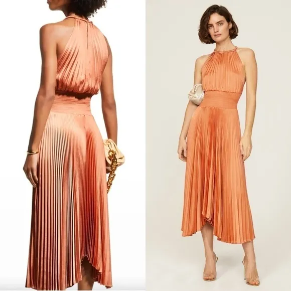 ALC Copper Satin Pleated Sleeveless Halter Smocked Waist Asymmetrical Hem Gown 2