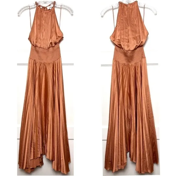 ALC Copper Satin Pleated Sleeveless Halter Smocked Waist Asymmetrical Hem Gown 2
