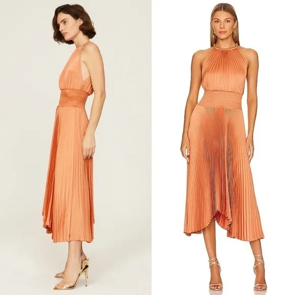 ALC Copper Satin Pleated Sleeveless Halter Smocked Waist Asymmetrical Hem Gown 2