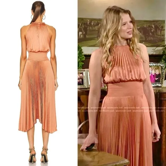 ALC Copper Satin Pleated Sleeveless Halter Smocked Waist Asymmetrical Hem Gown 2