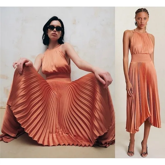 ALC Copper Satin Pleated Sleeveless Halter Smocked Waist Asymmetrical Hem Gown 2