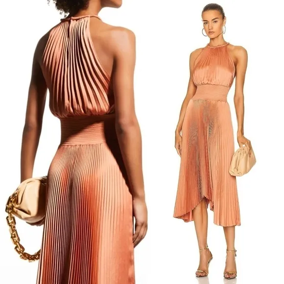 ALC Copper Satin Pleated Sleeveless Halter Smocked Waist Asymmetrical Hem Gown 2
