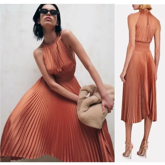 ALC Copper Satin Pleated Sleeveless Halter Smocked Waist Asymmetrical Hem Gown 2