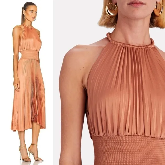ALC Copper Satin Pleated Sleeveless Halter Smocked Waist Asymmetrical Hem Gown 2