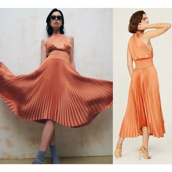 ALC Copper Satin Pleated Sleeveless Halter Smocked Waist Asymmetrical Hem Gown 2
