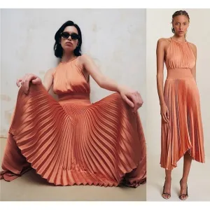 ALC Copper Satin Pleated Sleeveless Halter Smocked Waist Asymmetrical Hem Gown 2
