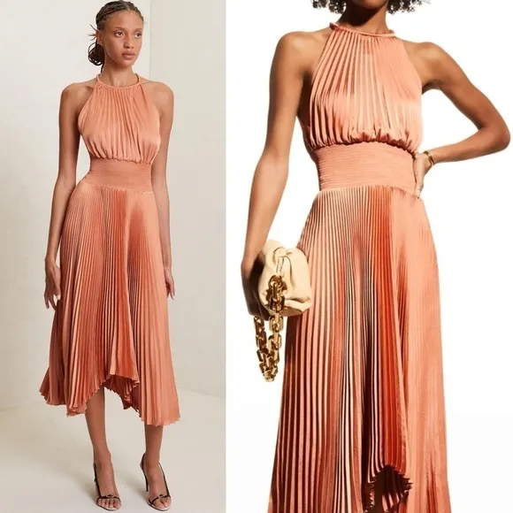 ALC Copper Satin Pleated Sleeveless Halter Smocked Waist Asymmetrical Hem Gown 2