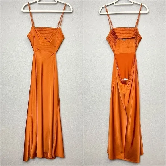 A.L.C. Tangerine Japanese Satin V-Neck Sleeveless Cutout Smocked Back Gown 10