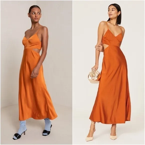 A.L.C. Tangerine Japanese Satin V-Neck Sleeveless Cutout Smocked Back Gown 10