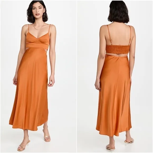 A.L.C. Tangerine Japanese Satin V-Neck Sleeveless Cutout Smocked Back Gown 10