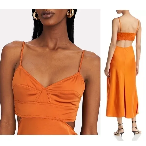 A.L.C. Tangerine Japanese Satin V-Neck Sleeveless Cutout Smocked Back Gown 10