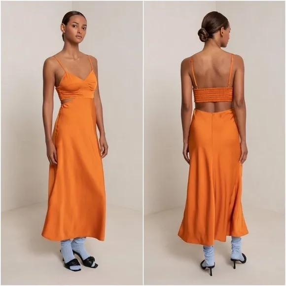 A.L.C. Tangerine Japanese Satin V-Neck Sleeveless Cutout Smocked Back Gown 10