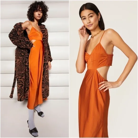 A.L.C. Tangerine Japanese Satin V-Neck Sleeveless Cutout Smocked Back Gown 10