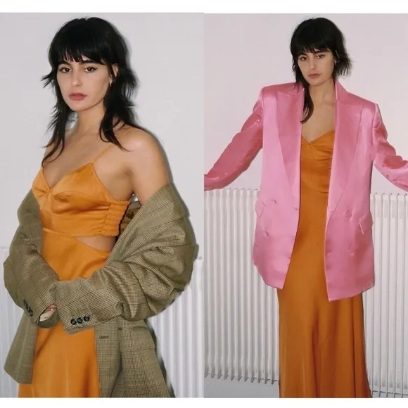 A.L.C. Tangerine Japanese Satin V-Neck Sleeveless Cutout Smocked Back Gown 10