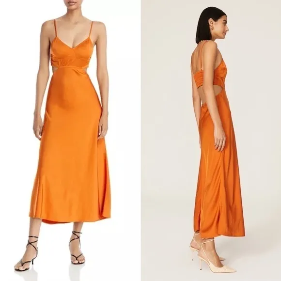 A.L.C. Tangerine Japanese Satin V-Neck Sleeveless Cutout Smocked Back Gown 10