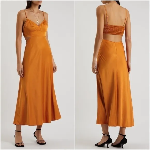 A.L.C. Tangerine Japanese Satin V-Neck Sleeveless Cutout Smocked Back Gown 10