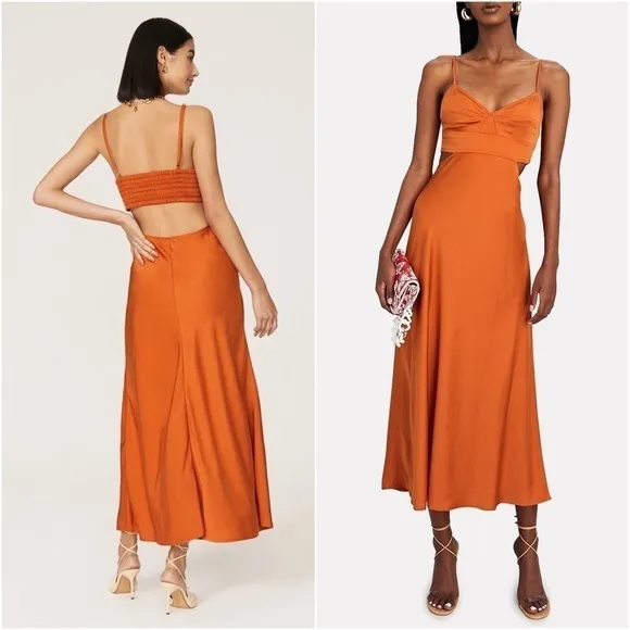 A.L.C. Tangerine Japanese Satin V-Neck Sleeveless Cutout Smocked Back Gown 10