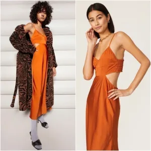 A.L.C. Tangerine Japanese Satin V-Neck Sleeveless Cutout Smocked Back Gown 10