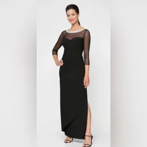 Alex Evenings Jersey Illusion 3/4 Sleeve Side Ruched Dress Embellished Neckline