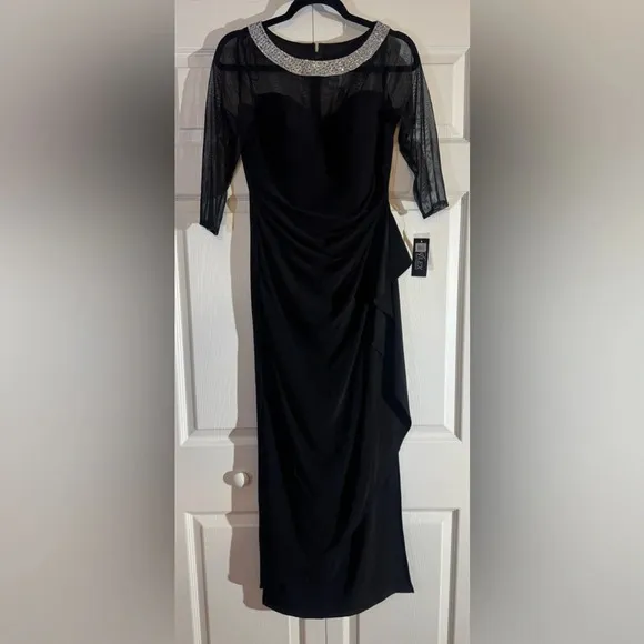 Alex Evenings Jersey Illusion 3/4 Sleeve Side Ruched Dress Embellished Neckline