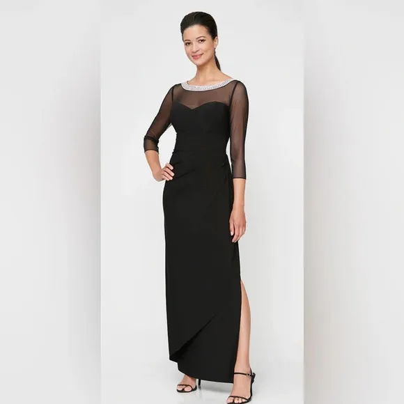 Alex Evenings Jersey Illusion 3/4 Sleeve Side Ruched Dress Embellished Neckline