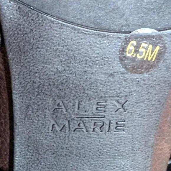 Alex Marie 6.5 rich chocolate pebble leather 2.5&quot; stack heel gold zip side boots
