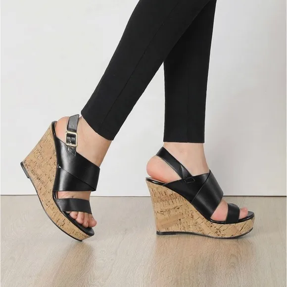 Allegra K Women's Wood WedgesPlatform Wedge Sandals Black 6