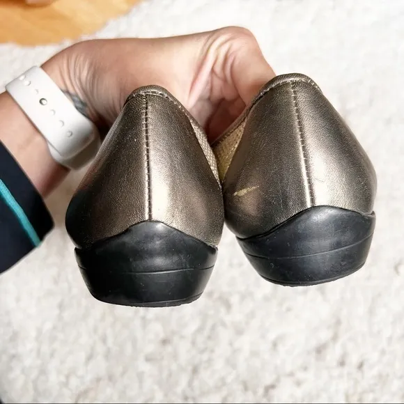 Amalfi: Perforated Metallic Goldish Pewter Slip On Peep Toe Slip On Size 11