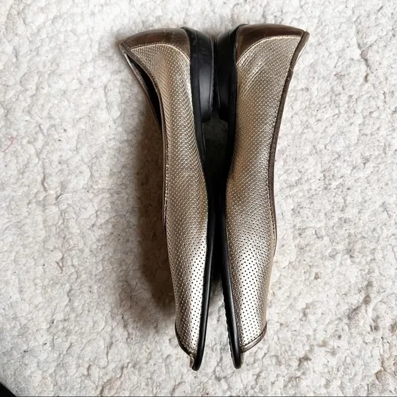 Amalfi: Perforated Metallic Goldish Pewter Slip On Peep Toe Slip On Size 11