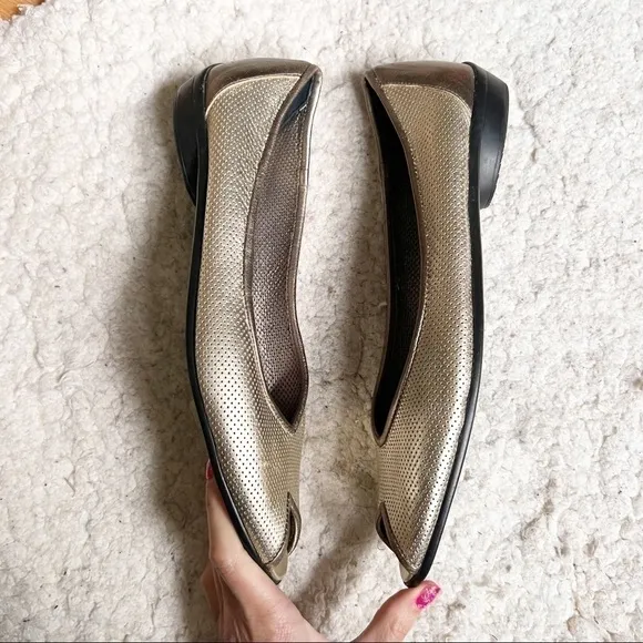 Amalfi: Perforated Metallic Goldish Pewter Slip On Peep Toe Slip On Size 11