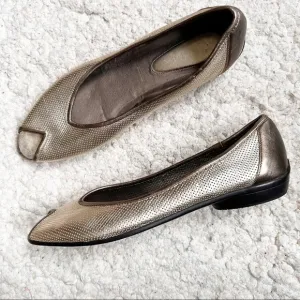 Amalfi: Perforated Metallic Goldish Pewter Slip On Peep Toe Slip On Size 11