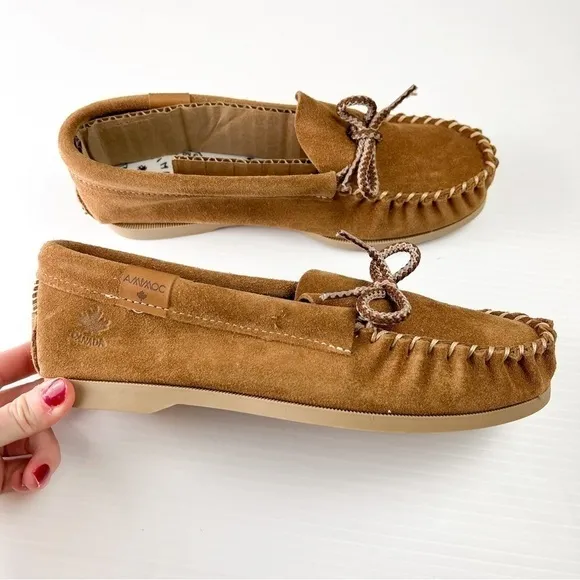 AMIMOC Moccasin Shoes Mens 9 Brown Handmade Suede Slip On Loafer Outdoor Indoor