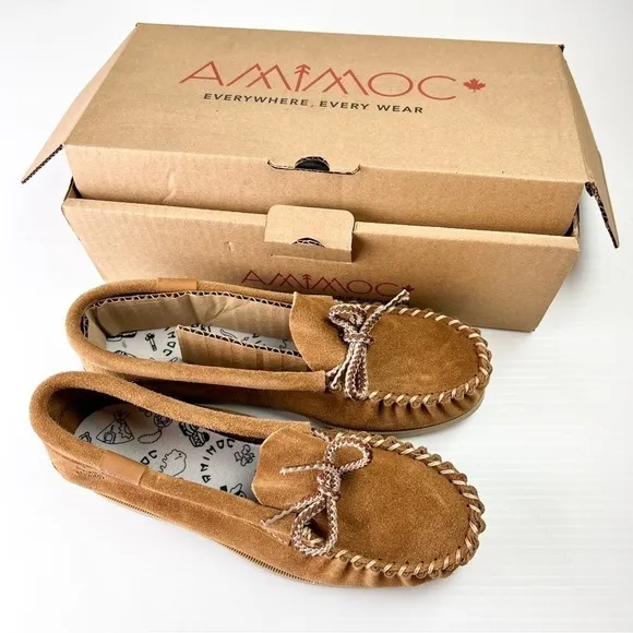 AMIMOC Moccasin Shoes Mens 9 Brown Handmade Suede Slip On Loafer Outdoor Indoor