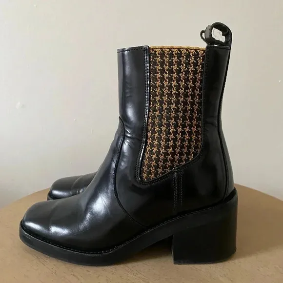 &amp; Other Stories Boots Women’s 36 Houndstooth Elastic Leather Boot Square Toe