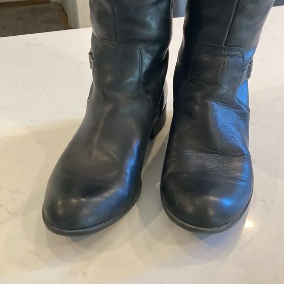 Anne Klein Black Leather Klarrie Flat equestrian Moto Riding Boot Size 8.5 M