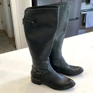 Anne Klein Black Leather Klarrie Flat equestrian Moto Riding Boot Size 8.5 M
