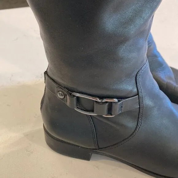 Anne Klein Black Leather Klarrie Flat equestrian Moto Riding Boot Size 8.5 M