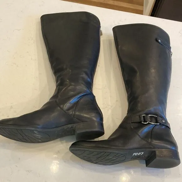 Anne Klein Black Leather Klarrie Flat equestrian Moto Riding Boot Size 8.5 M