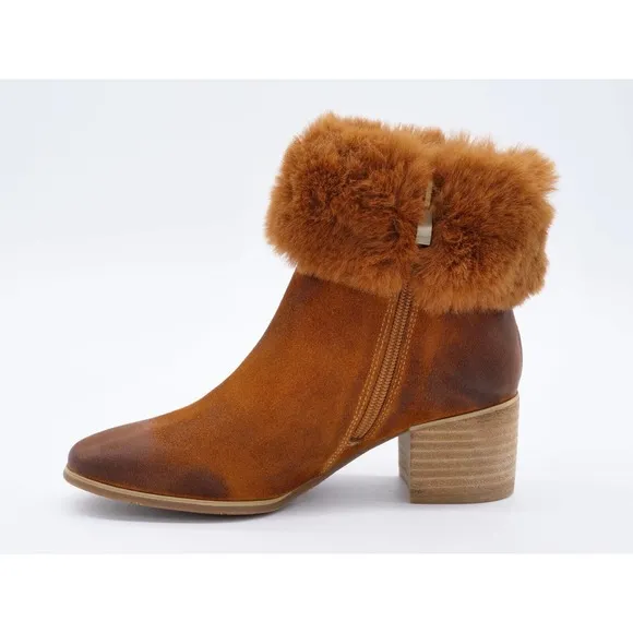 Antelope Ofelia Womens 5 Ankle Boots Brown Suede Fur Trim Side Zip Bootie EUR 36