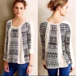 Anthro Lilka Geometric Print Swing Flare Long Sleeve Crew Neck Sweater Shirt Top