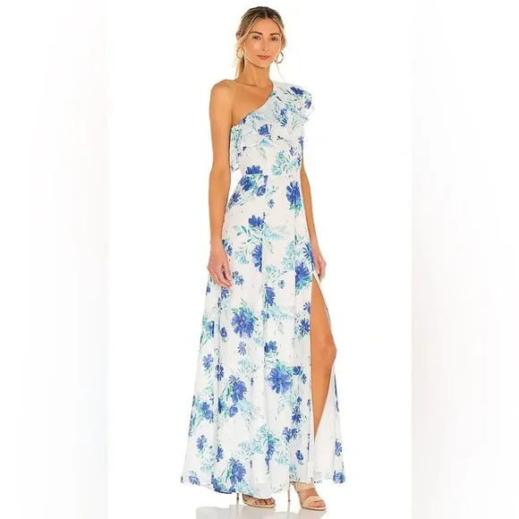Anthro Revolve Yumi Kim Love Always OneShoulder Maxi Dress Love is King WhtBlu 8