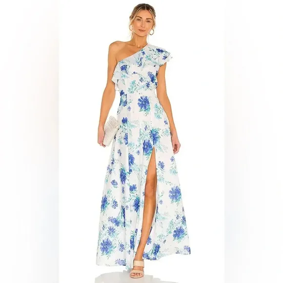 Anthro Revolve Yumi Kim Love Always OneShoulder Maxi Dress Love is King WhtBlu 8