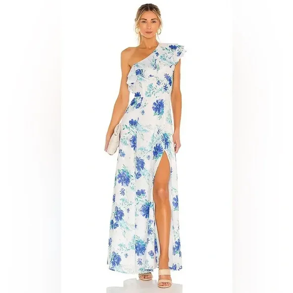 Anthro Revolve Yumi Kim Love Always OneShoulder Maxi Dress Love is King WhtBlu 8