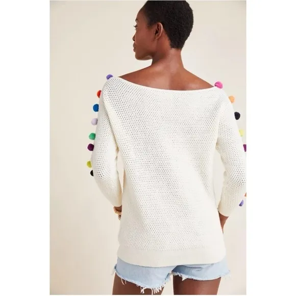 Anthropologie Emilia Pommed Pullover Sweater Small Pom Pom Boat Neck Whimsical